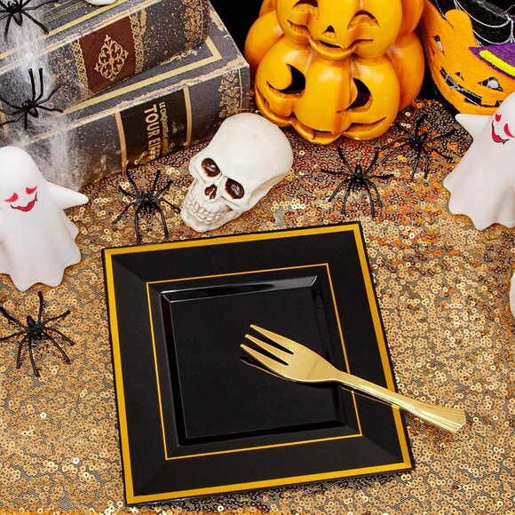 200PCS Black and Gold Plastic Dessert Plates with Plastic Forks -6’’ 100 Square - Picture 4 of 7
